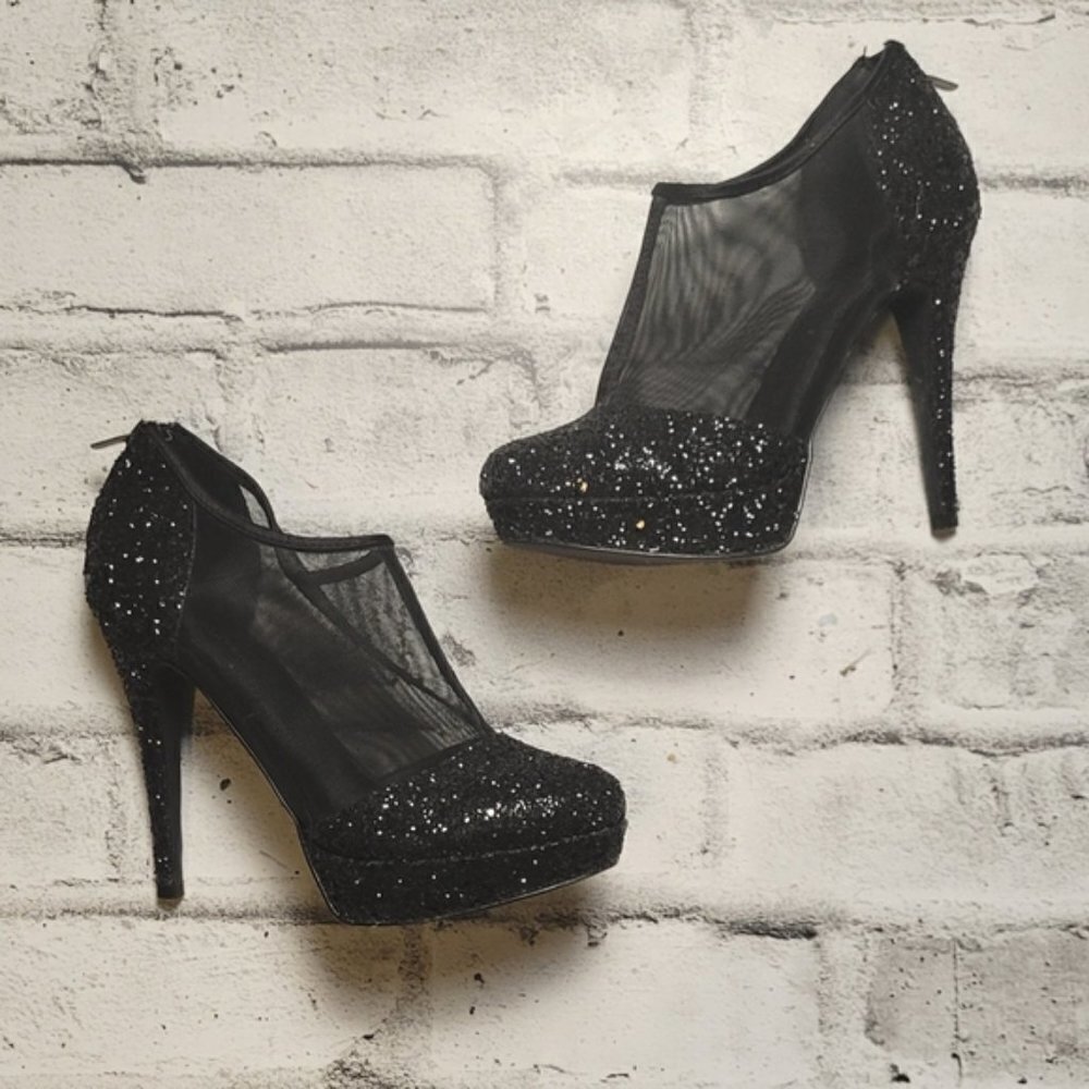 Le Château Black Sparkle Mesh Platform Stilettos | 5” Heels Size 8